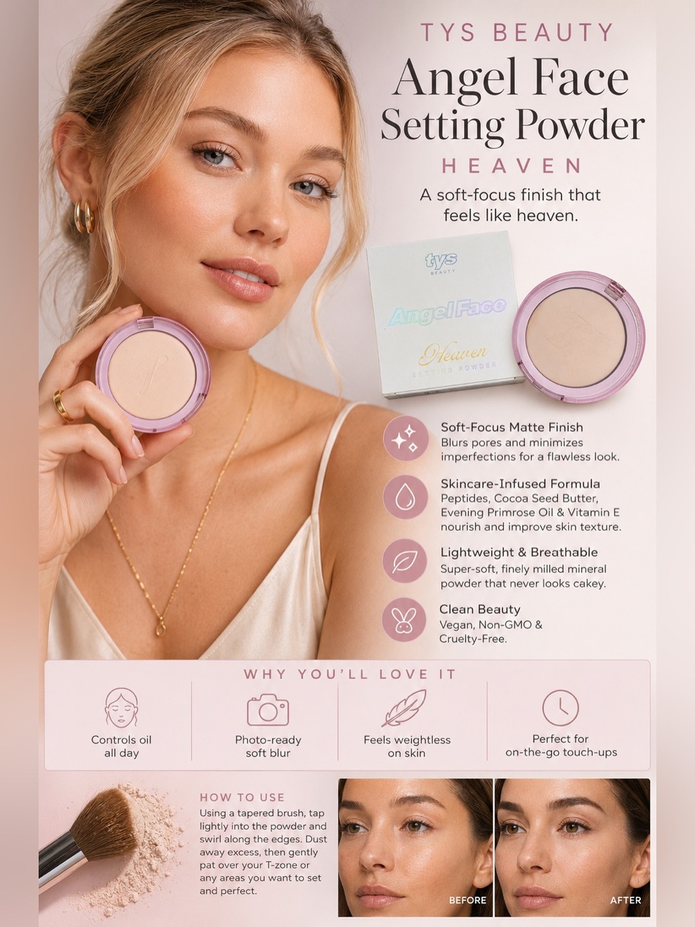 TYS Beauty Angel Face Setting Powder Heaven 0.31 oz Vegan Soft Focus Matte NIB